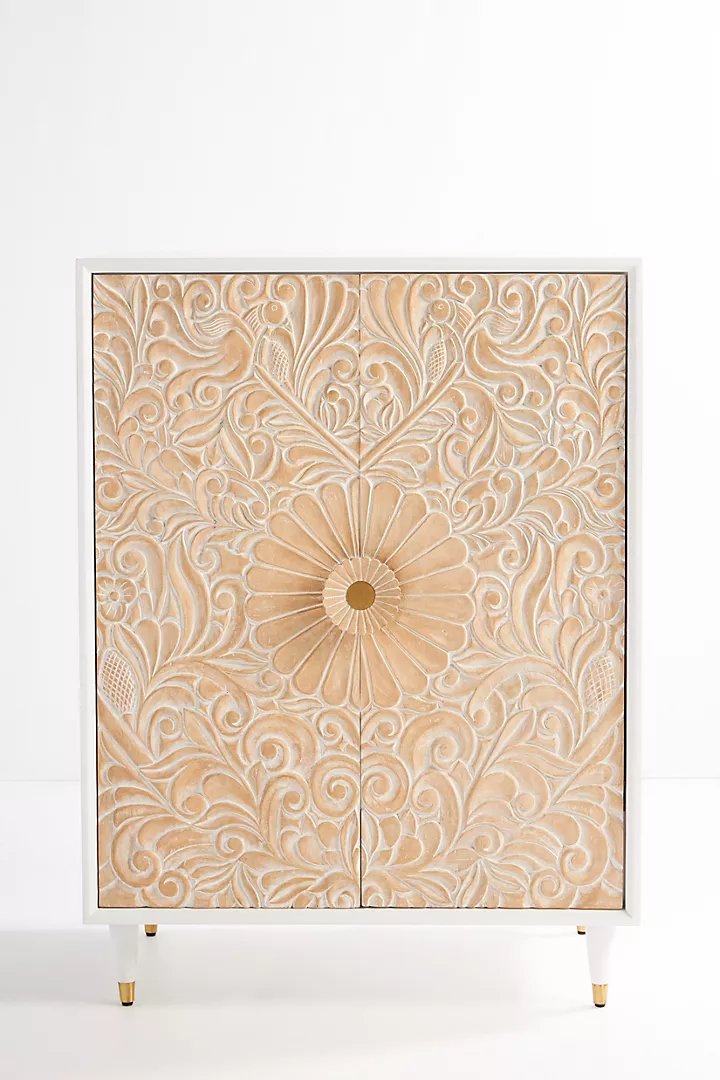 Hand-Carved White Wooden Cabinet – Floral Carving Storage Armoire | Boho Accent Furniture