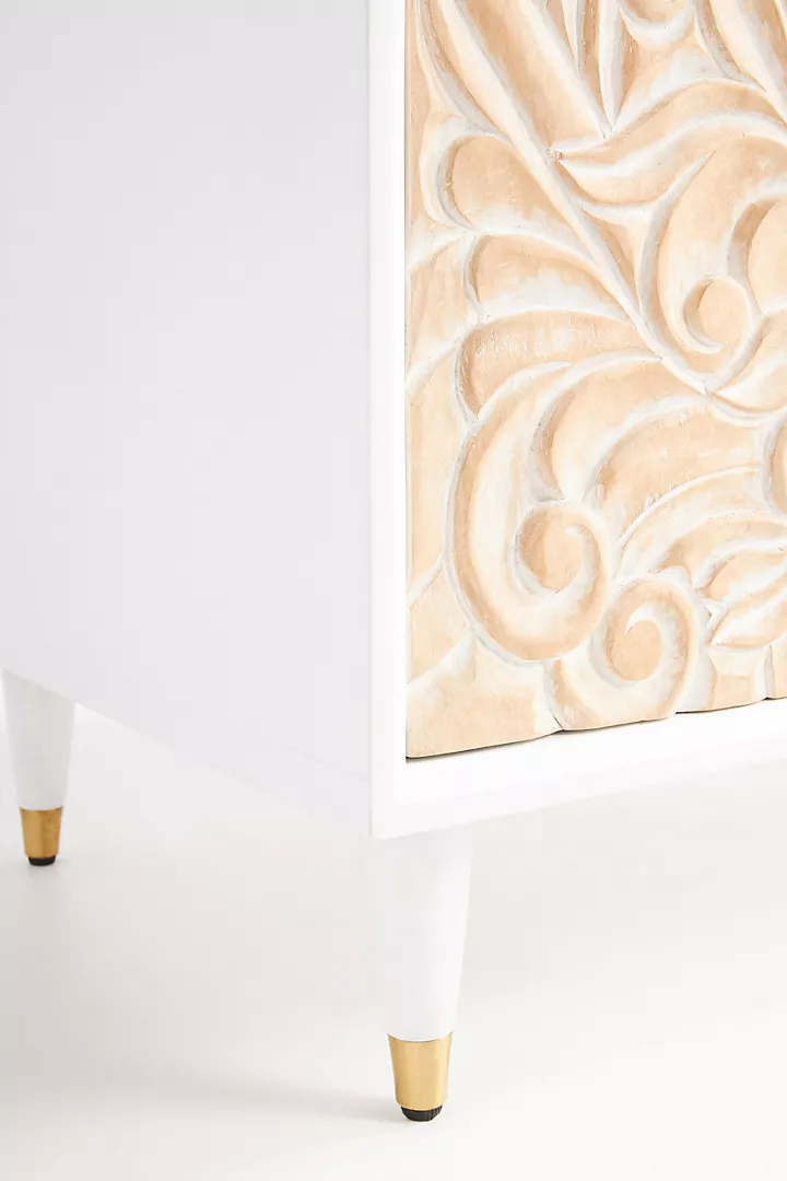 Hand-Carved White Wooden Cabinet – Floral Carving Storage Armoire | Boho Accent Furniture