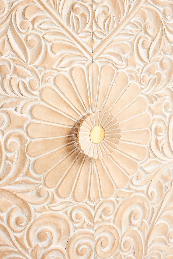 Hand-Carved White Wooden Cabinet – Floral Carving Storage Armoire | Boho Accent Furniture