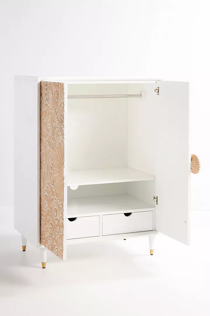 Hand-Carved White Wooden Cabinet – Floral Carving Storage Armoire | Boho Accent Furniture