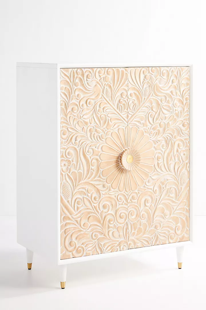 Hand-Carved White Wooden Cabinet – Floral Carving Storage Armoire | Boho Accent Furniture