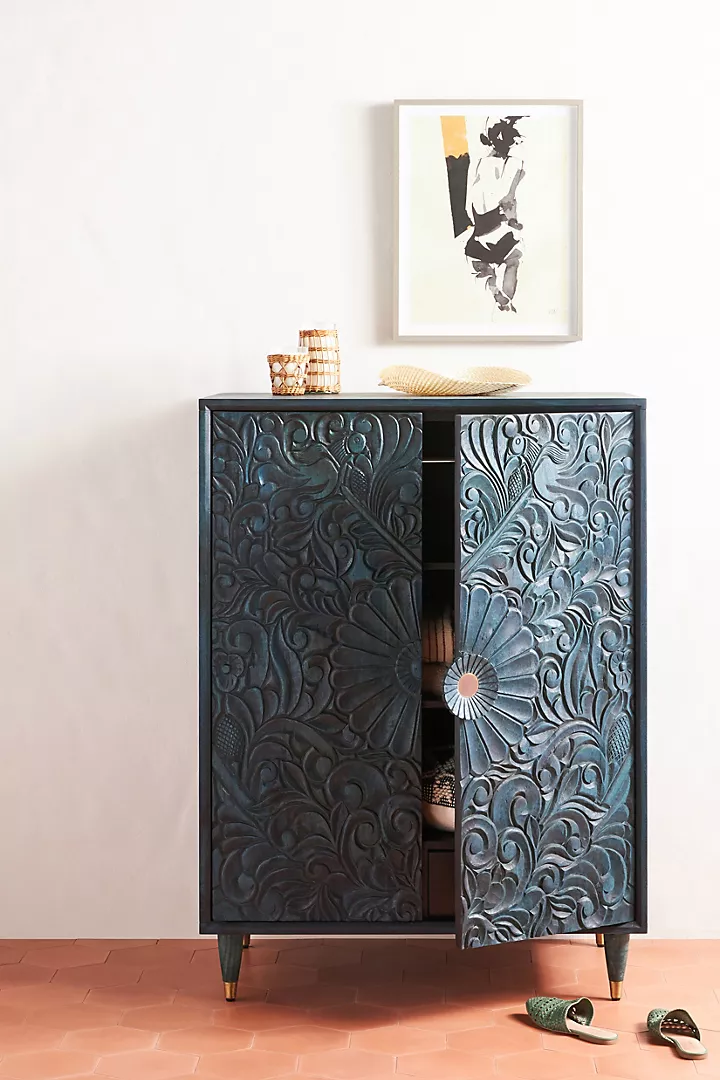 Hand-Carved Teal Blue Wooden Cabinet – Floral Carving Storage Armoire | Boho Accent Furniture