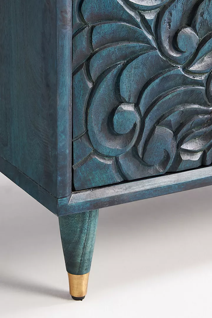 Hand-Carved Teal Blue Wooden Cabinet – Floral Carving Storage Armoire | Boho Accent Furniture