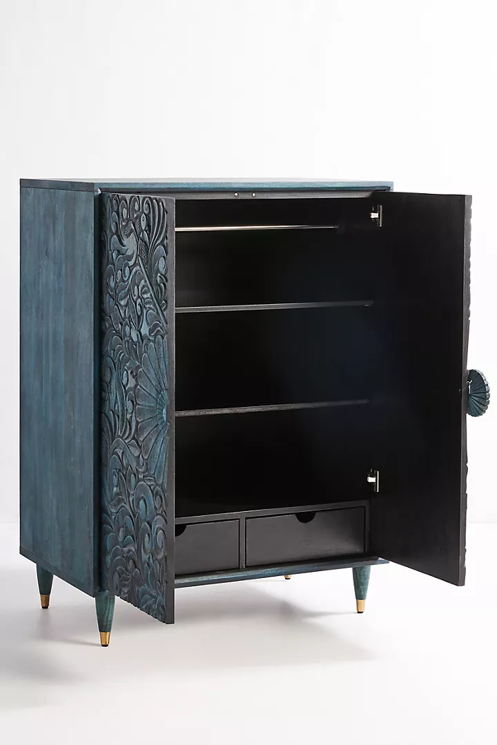 Hand-Carved Teal Blue Wooden Cabinet – Floral Carving Storage Armoire | Boho Accent Furniture