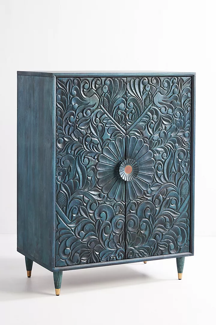 Hand-Carved Teal Blue Wooden Cabinet – Floral Carving Storage Armoire | Boho Accent Furniture