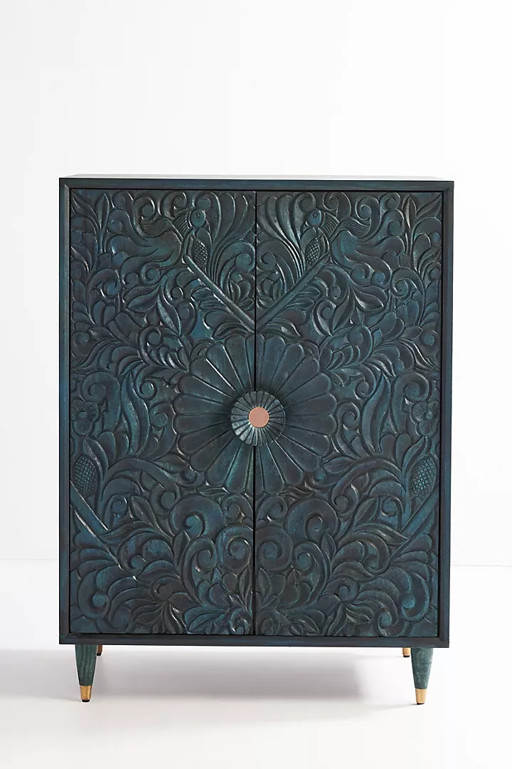 Hand-Carved Teal Blue Wooden Cabinet – Floral Carving Storage Armoire | Boho Accent Furniture