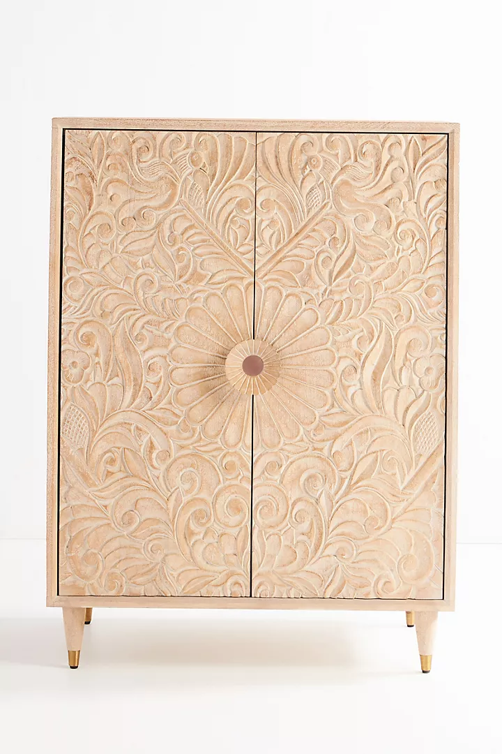 Hand-Carved White-washed Wooden Cabinet – Floral Carving Storage Armoire | Boho Accent Furniture