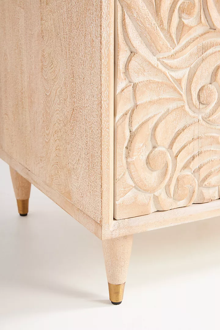 Hand-Carved White-washed Wooden Cabinet – Floral Carving Storage Armoire | Boho Accent Furniture