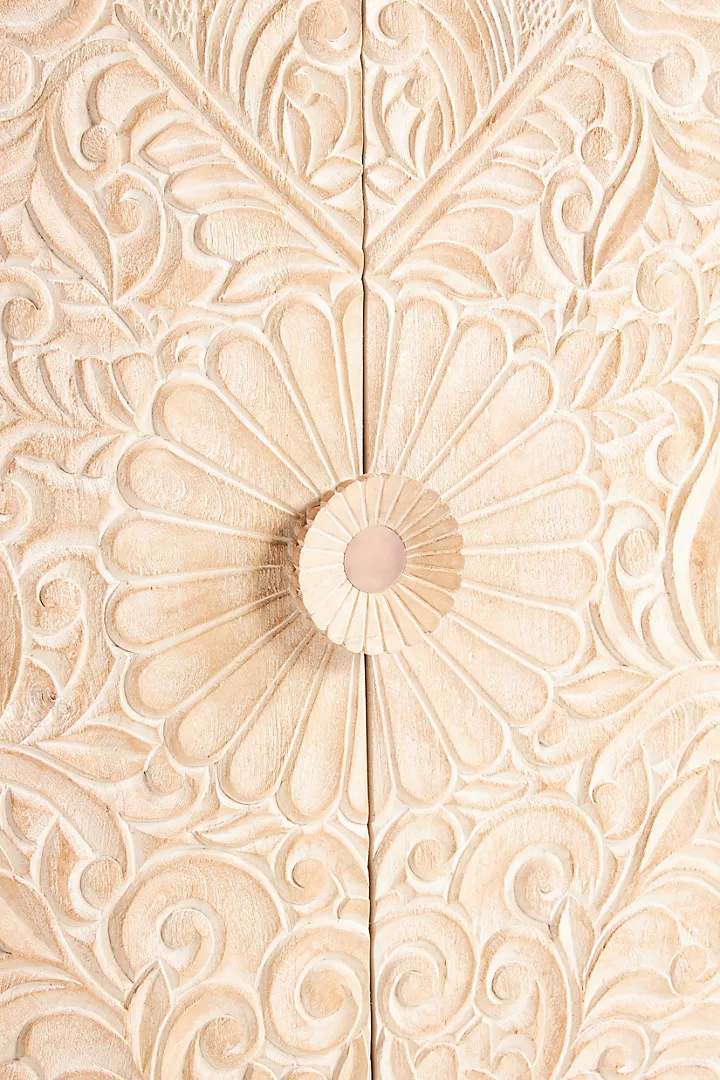 Hand-Carved White-washed Wooden Cabinet – Floral Carving Storage Armoire | Boho Accent Furniture