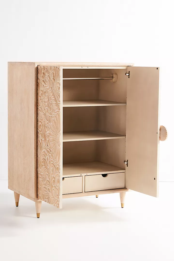 Hand-Carved White-washed Wooden Cabinet – Floral Carving Storage Armoire | Boho Accent Furniture