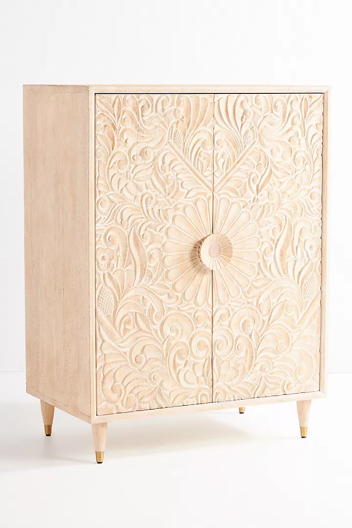 Hand-Carved White-washed Wooden Cabinet – Floral Carving Storage Armoire | Boho Accent Furniture