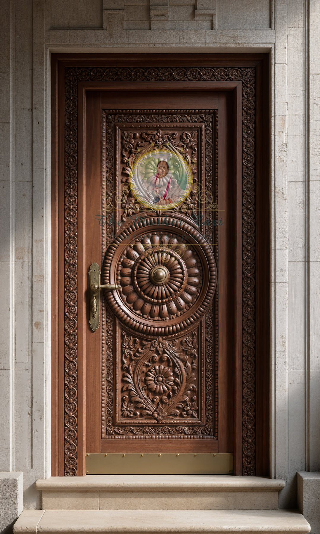 Royal Round Medallion Hand Carved Wooden Door | Heavy Floral Border Design | Solid Wood Main Entrance Door | Custom Size &amp; Finish