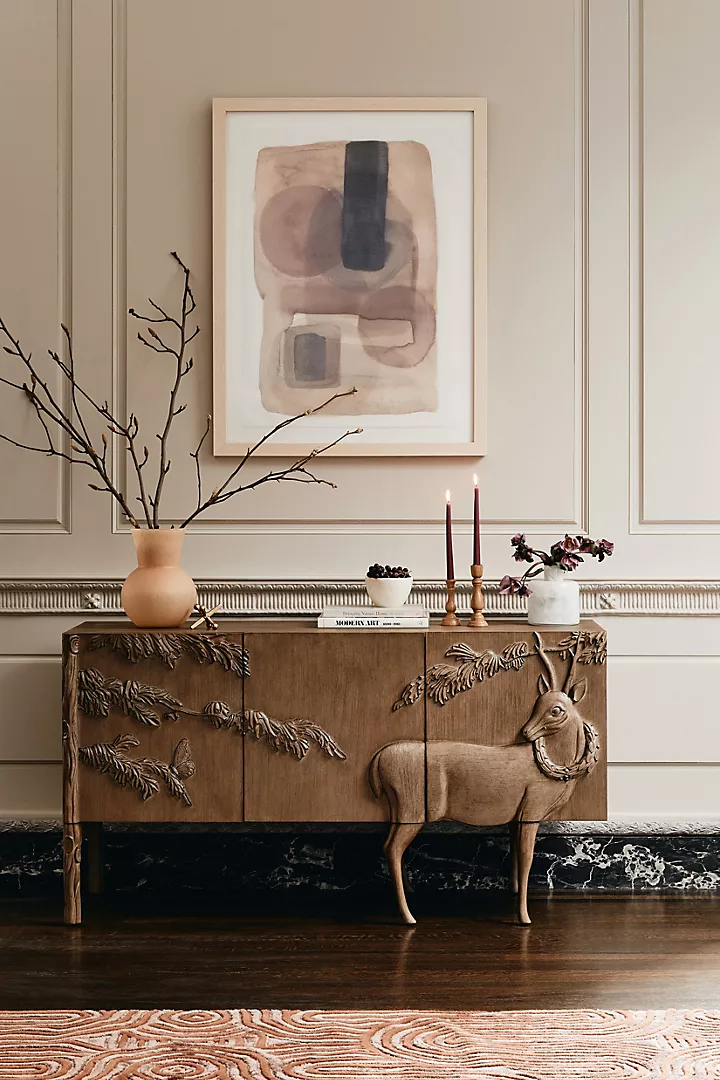 Hand-Carved Wooden Sideboard with Deer Design – Rustic Forest-Inspired Storage Cabinet