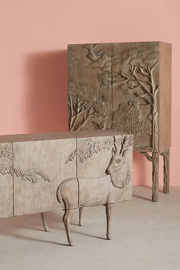 Hand-Carved Wooden Sideboard with Deer Design – Rustic Forest-Inspired Storage Cabinet