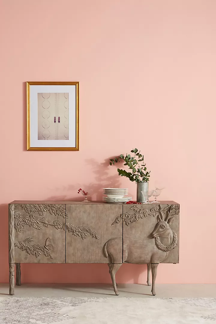 Hand-Carved Wooden Sideboard with Deer Design – Rustic Forest-Inspired Storage Cabinet