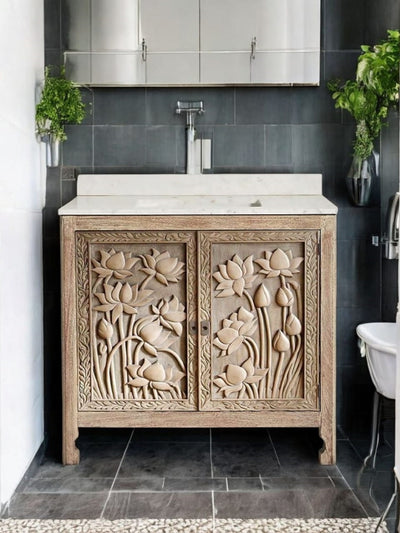 Hand-Carved Whitewashed Wooden Bathroom Vanity with Floral Design – Single Sink Cabinet (Copy)