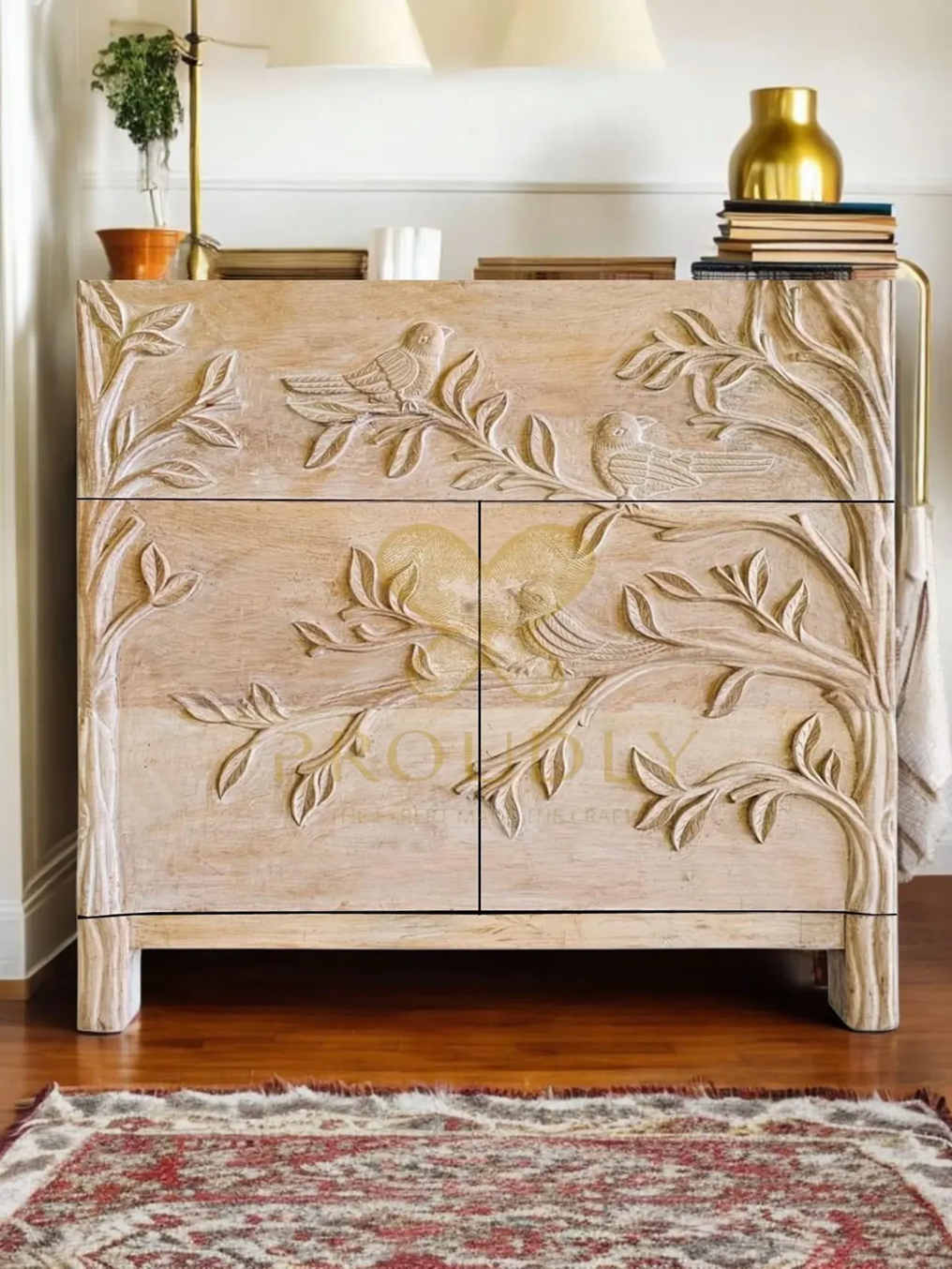 Hand-Carved Wooden Bird & Branch Bathroom Vanity – White-washed Finish Cabinet with Storage