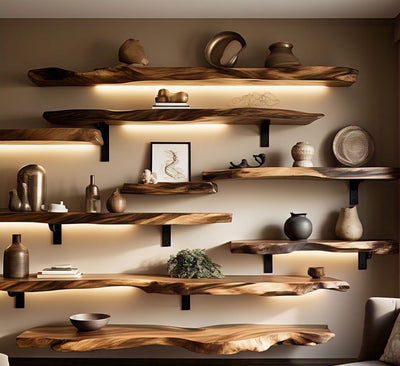 Live Edge Floating Wall Shelves, Teak Wood, Modern Shelf Easy Installation with Included Hardware