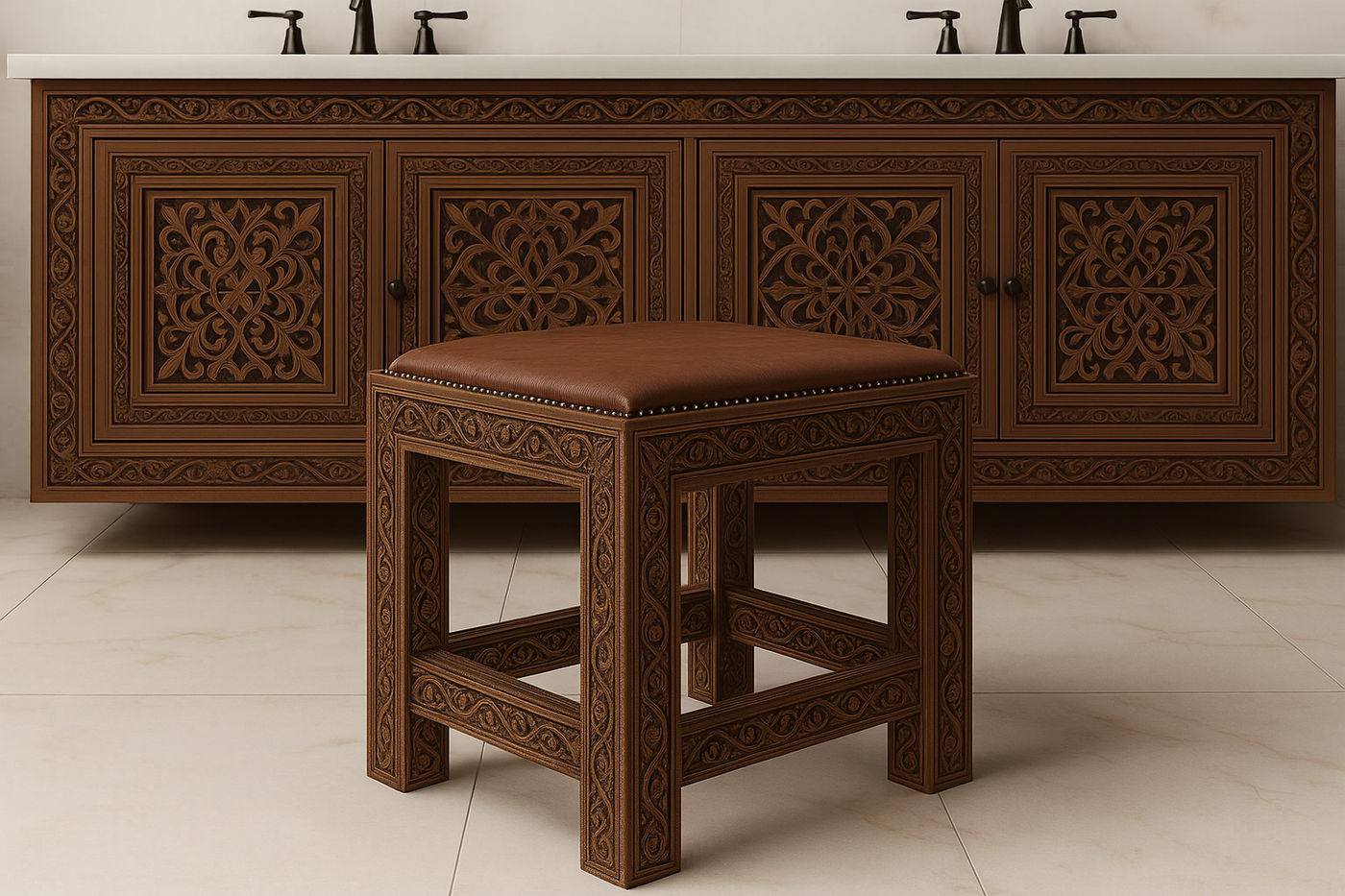 Handcrafted Wall-Mount Vanity with Intricately Carved Two Mirror Frame With Matching Stool– Solid Wood