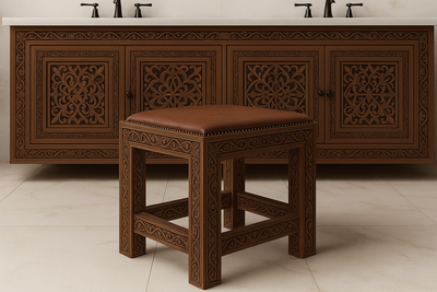 Handcrafted Wall-Mount Vanity with Intricately Carved Two Mirror Frame With Matching Stool– Solid Wood