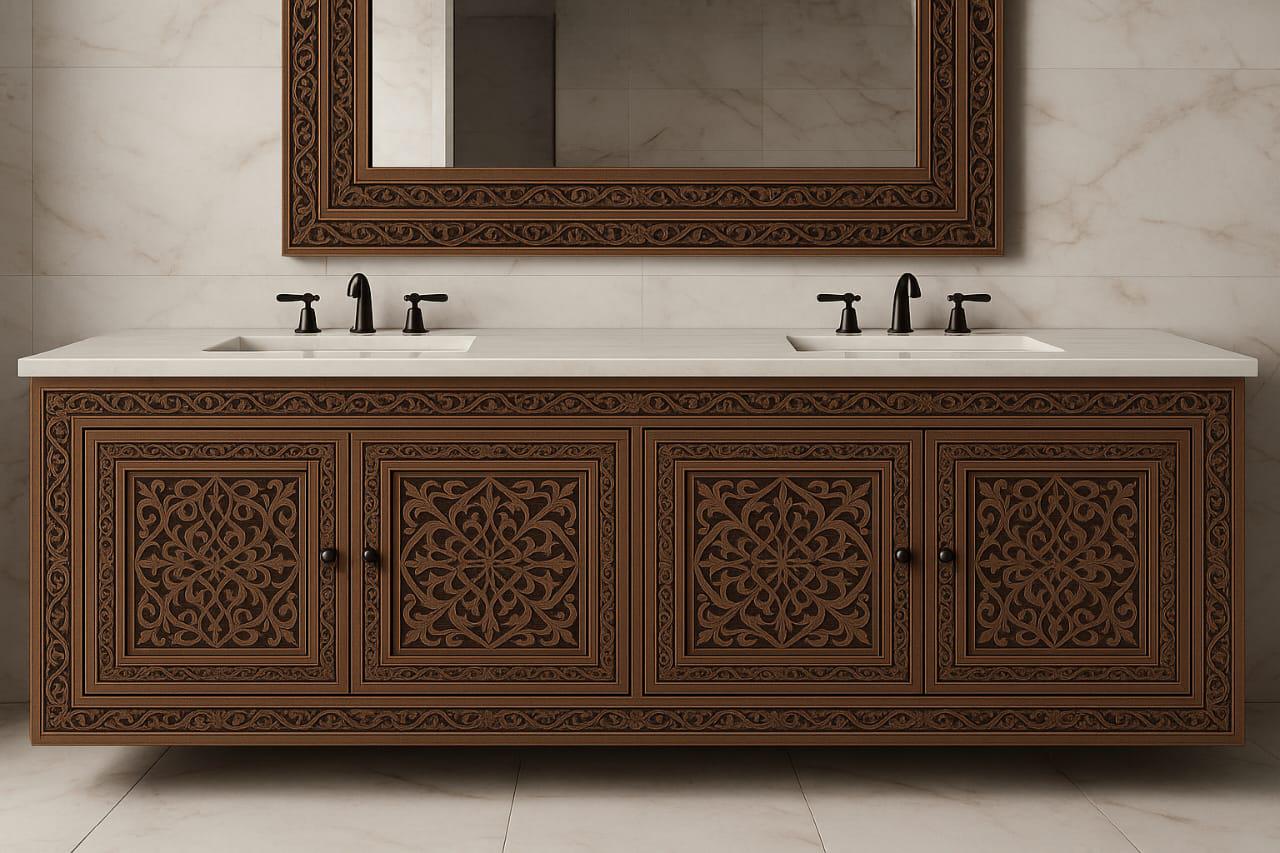 Handcrafted Wall-Mount Vanity with Intricately Carved Two Mirror Frame With Matching Stool– Solid Wood