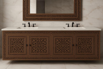 Handcrafted Wall-Mount Vanity with Intricately Carved Two Mirror Frame With Matching Stool– Solid Wood