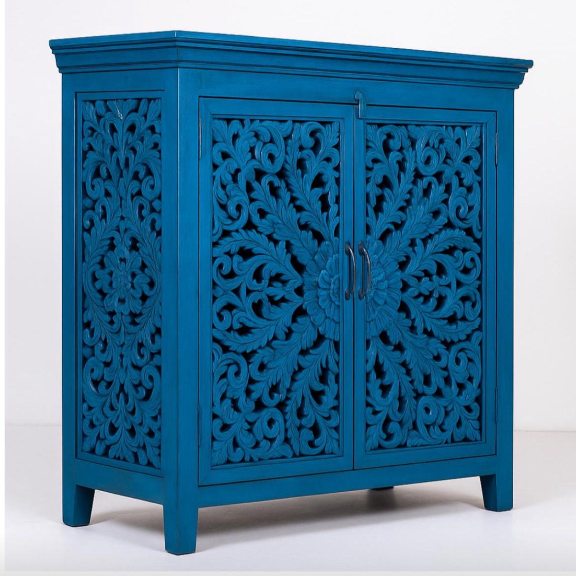 Handcarved Blue Wooden Cabinet | Lotus Floral I Floral Carved Wooden Cabinet