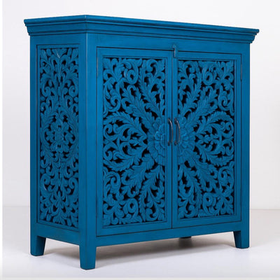 Handcarved Blue Wooden Cabinet | Lotus Floral I Floral Carved Wooden Cabinet