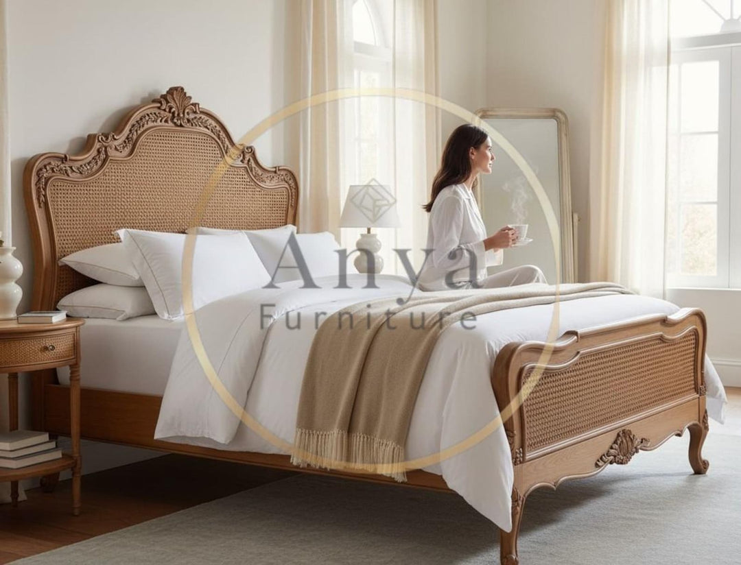 Hand Carved Cane King Bed | Solid Wood Antique French Rattan Bed Frame | Luxury Boho Bedroom Furniture | Custom Finish for USA Homes