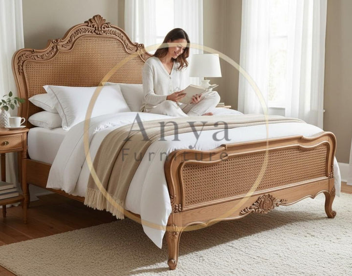 Hand Carved Cane King Bed | Solid Wood Antique French Rattan Bed Frame | Luxury Boho Bedroom Furniture | Custom Finish for USA Homes