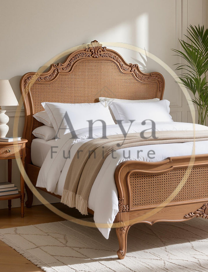 Hand Carved Cane King Bed | Solid Wood Antique French Rattan Bed Frame | Luxury Boho Bedroom Furniture | Custom Finish for USA Homes