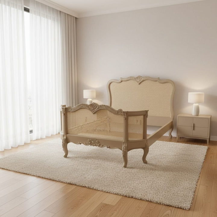 French Cane Queen Bed l Curved Footboard Cane Bed Frame l Solid Wood French  Bedroom Furniture