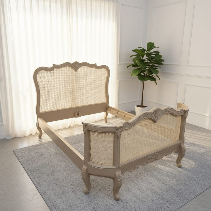 French Cane Queen Bed l Curved Footboard Cane Bed Frame l Solid Wood French  Bedroom Furniture