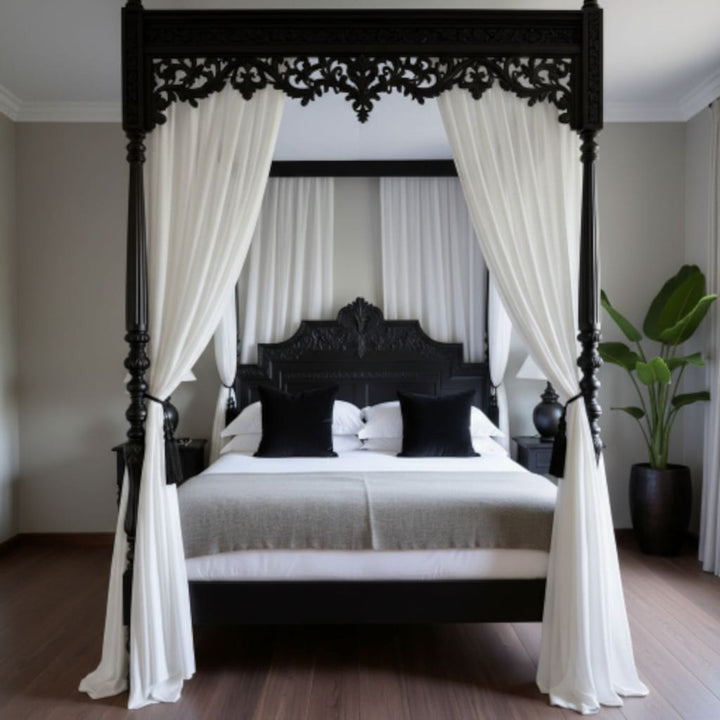 Handcarved Wooden Canopy Royal Bed l Ornate Luxury Bedroom Furniture