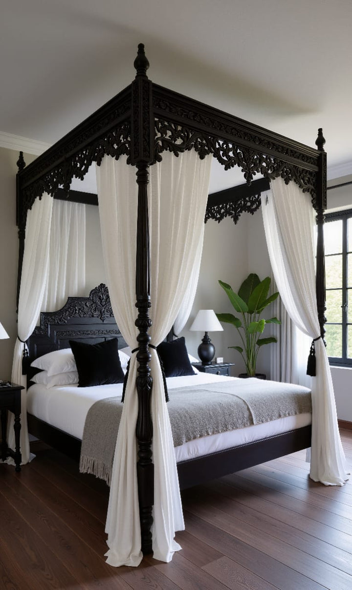 Handcarved Wooden Canopy Royal Bed l Ornate Luxury Bedroom Furniture