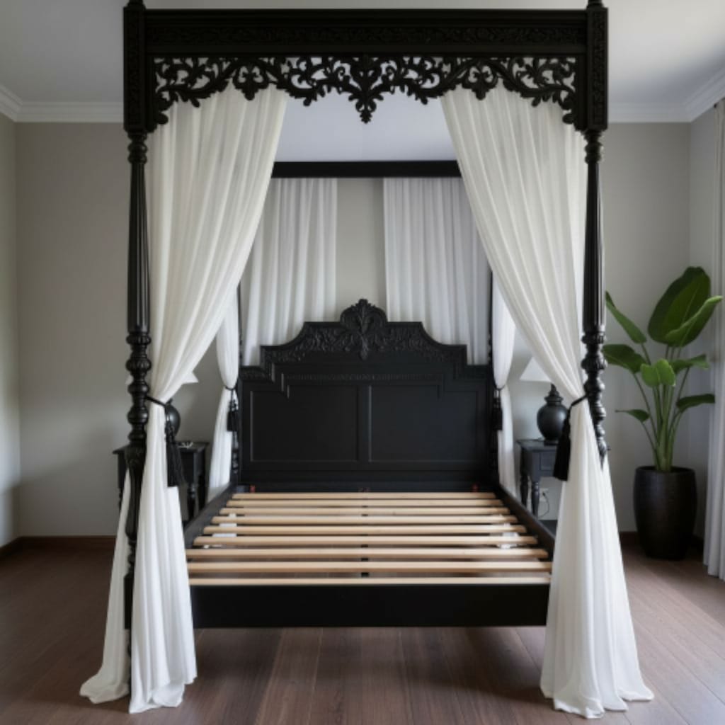 Handcarved Wooden Canopy Royal Bed l Ornate Luxury Bedroom Furniture