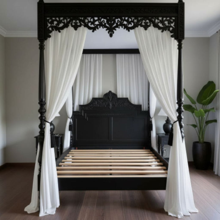 Handcarved Wooden Canopy Royal Bed l Ornate Luxury Bedroom Furniture